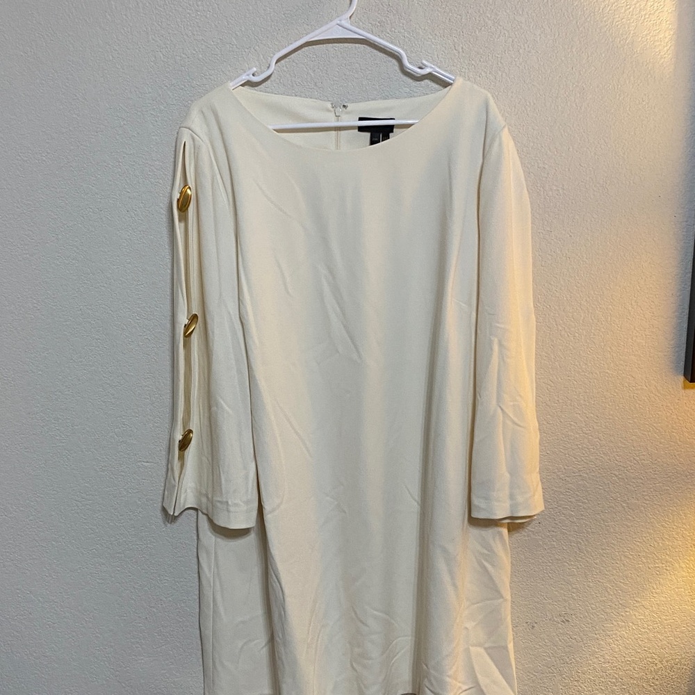 Donna Karan Elegant Cream Shift Dress with Gold Button Detail
